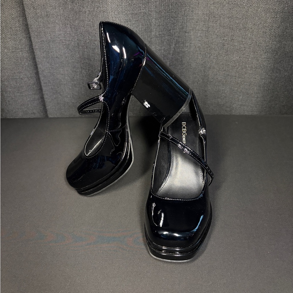 BCBGeneration Black Patent Platform Mary Jane Chunky Heels